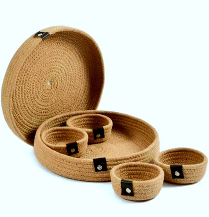 BeBaskets Homemade Jute Dry Fruit Container With Lid For Gifting & Kitchen ( 4 Bowl, 1 Tray, 1 Cover)