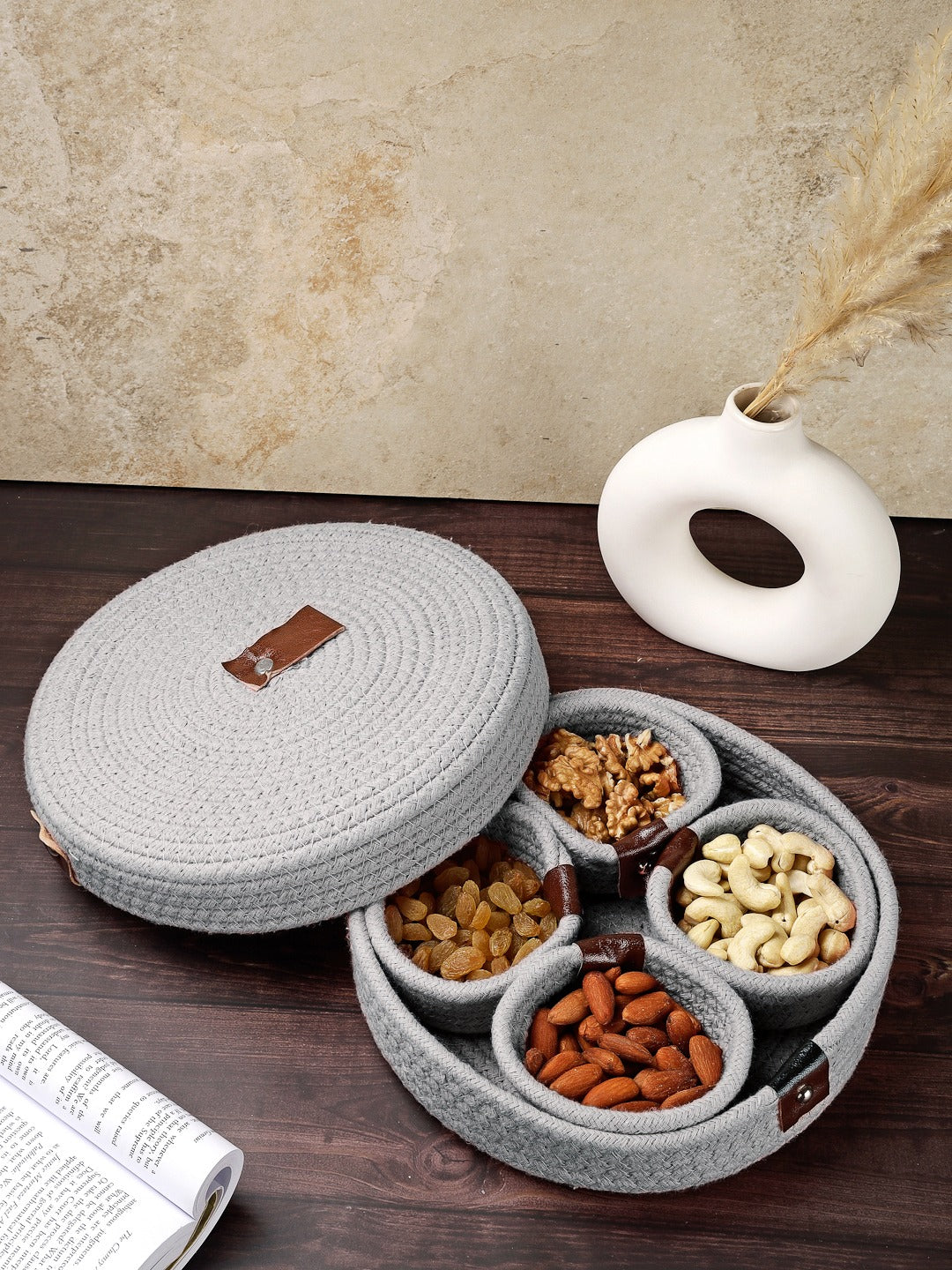 BeBaskets Homemade Jute Dry Fruit Container With Lid For Gifting & Kitchen ( 4 Bowl, 1 Tray, 1 Cover)