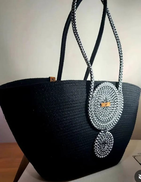 P Black Handmade Tote Bag with Round Handle