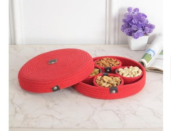 BeBaskets Homemade Jute Dry Fruit Container With Lid For Gifting & Kitchen ( 4 Bowl, 1 Tray, 1 Cover)