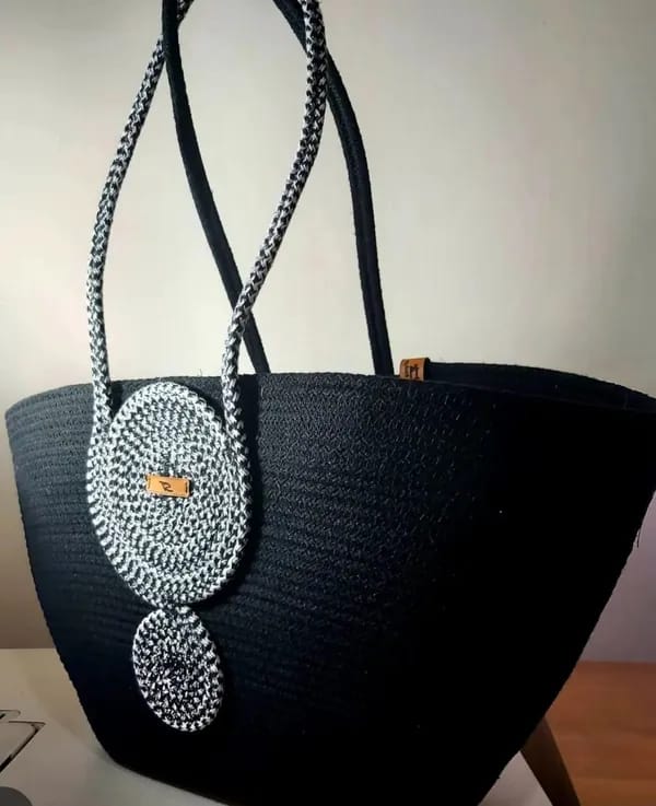 P Black Handmade Tote Bag with Round Handle