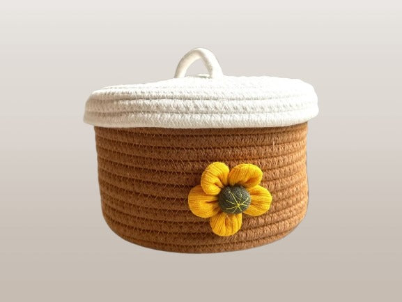 Rope Basket, Basket with lid, Flower Basket, Cotton Rope Storage Basket with Lid, Large Basket with Cover, Kitchen Basket, Living room Decor | 10*6 Inch | Bebaskets