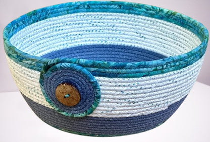 Large Rope Bowl in Blue-Green Batiks | Width - 9.25 inches | Deep - 4 inches | Bebaskets