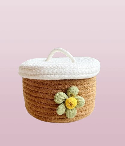 Rope Basket, Basket with lid, Flower Basket, Cotton Rope Storage Basket with Lid, Large Basket with Cover, Kitchen Basket, Living room Decor | 10*6 Inch | Bebaskets