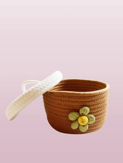 Rope Basket, Basket with lid, Flower Basket, Cotton Rope Storage Basket with Lid, Large Basket with Cover, Kitchen Basket, Living room Decor | 10*6 Inch | Bebaskets