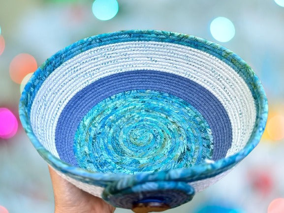 Large Rope Bowl in Blue-Green Batiks | Width - 9.25 inches | Deep - 4 inches | Bebaskets