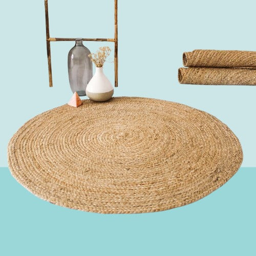 Round Jute Rug | Sustainable Vegan Rug for Living Room, Bedroom, Entryway & Kids Room | Diameter 2.9 Feet | BeBaskets